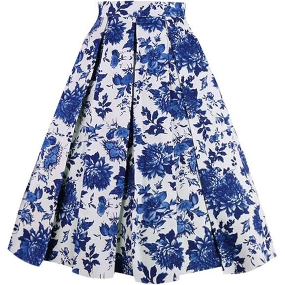 Womens Vintage Floral Pleated Midi Skirt High Waist A Line Skirt with Pockets - Picture 7 of 7